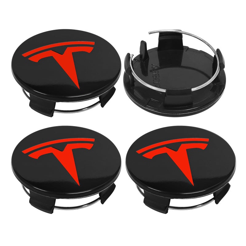 Knomix 4 عبوات من غطاء مركز عجلة الديكور الخارجي لطراز Tesla 3 Model Y، 56 مم Hubcaps عجلة حافة غطاء Tesla Center Caps Hubcaps+22 غطاء صامولة أسود (أسود لامع + شعار أحمر) - Image 5